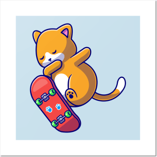 Cute Cat Playing Skateboard Cartoon Posters and Art